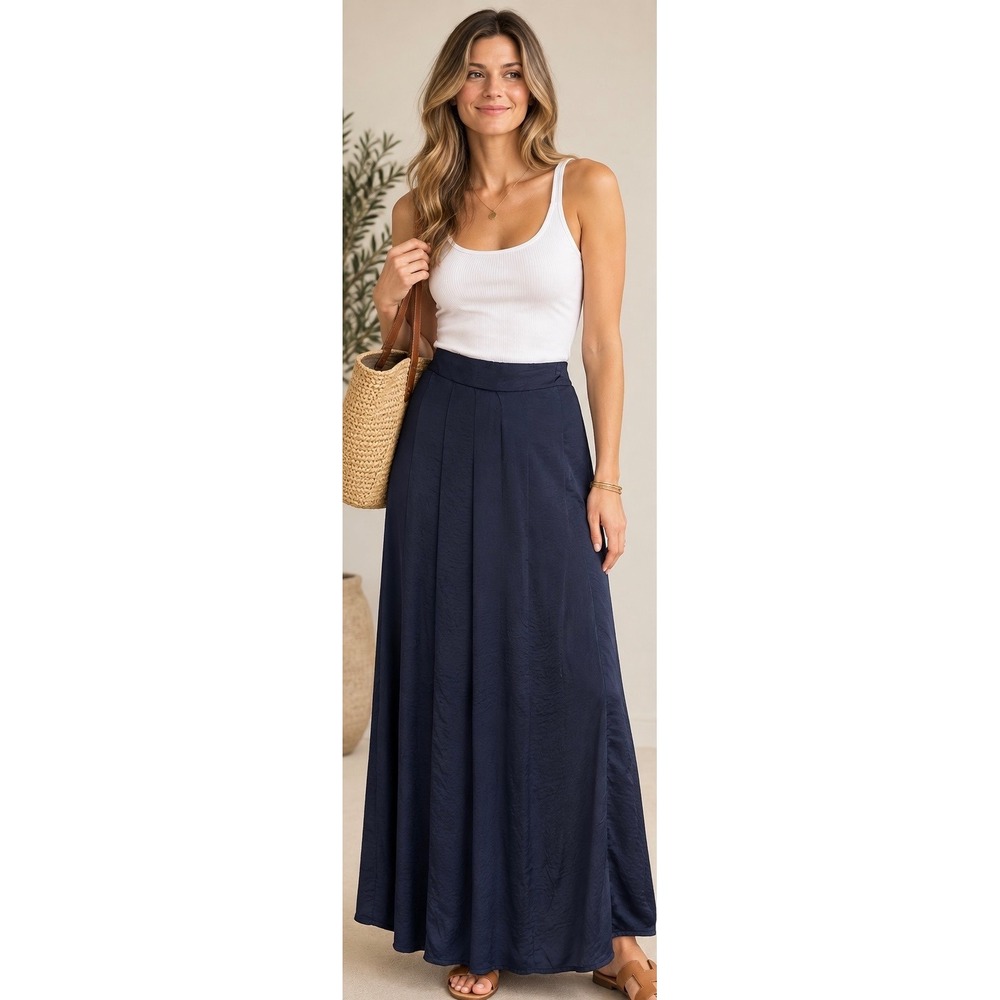 Miami Navy Blue Satin Wrap Front Maxi Skirt Elastic Back BGS298A Medium
